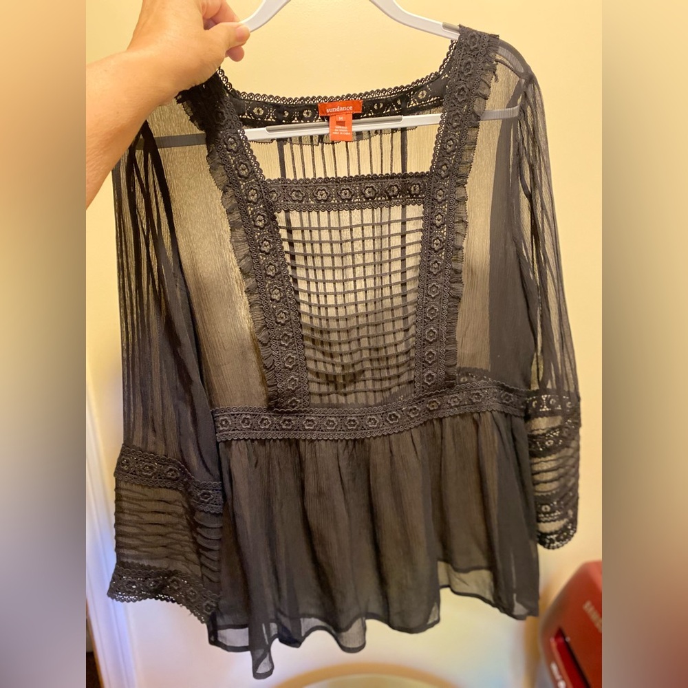 Sundance Very Black Sheer silk Blouse with lace detail. Beautiful Elegant - Picture 7 of 14